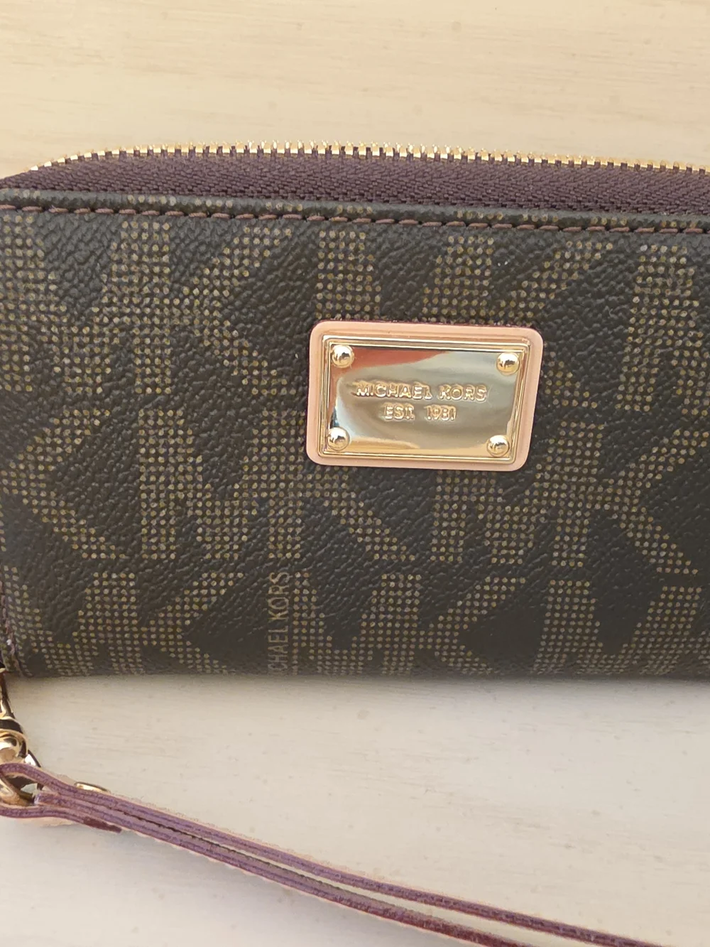 MICHAEL KORS Dark Brown Logo Zip Wristlet with Gold Interior